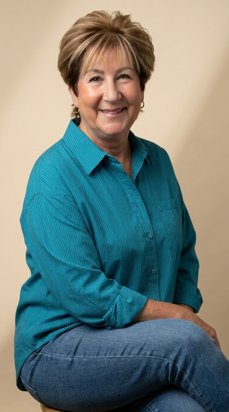 Ellen Scherr seated in a teal striped shirt and jeans